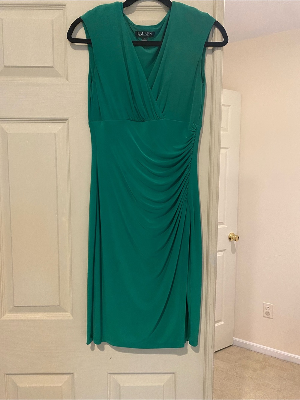 Lauren Ralph Lauren Teal Green Ruched V-Neck Sheath Dress